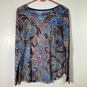 Womens Chicos Scroll Print Bateau Neck Pullover Sweater Blue Red Floral S